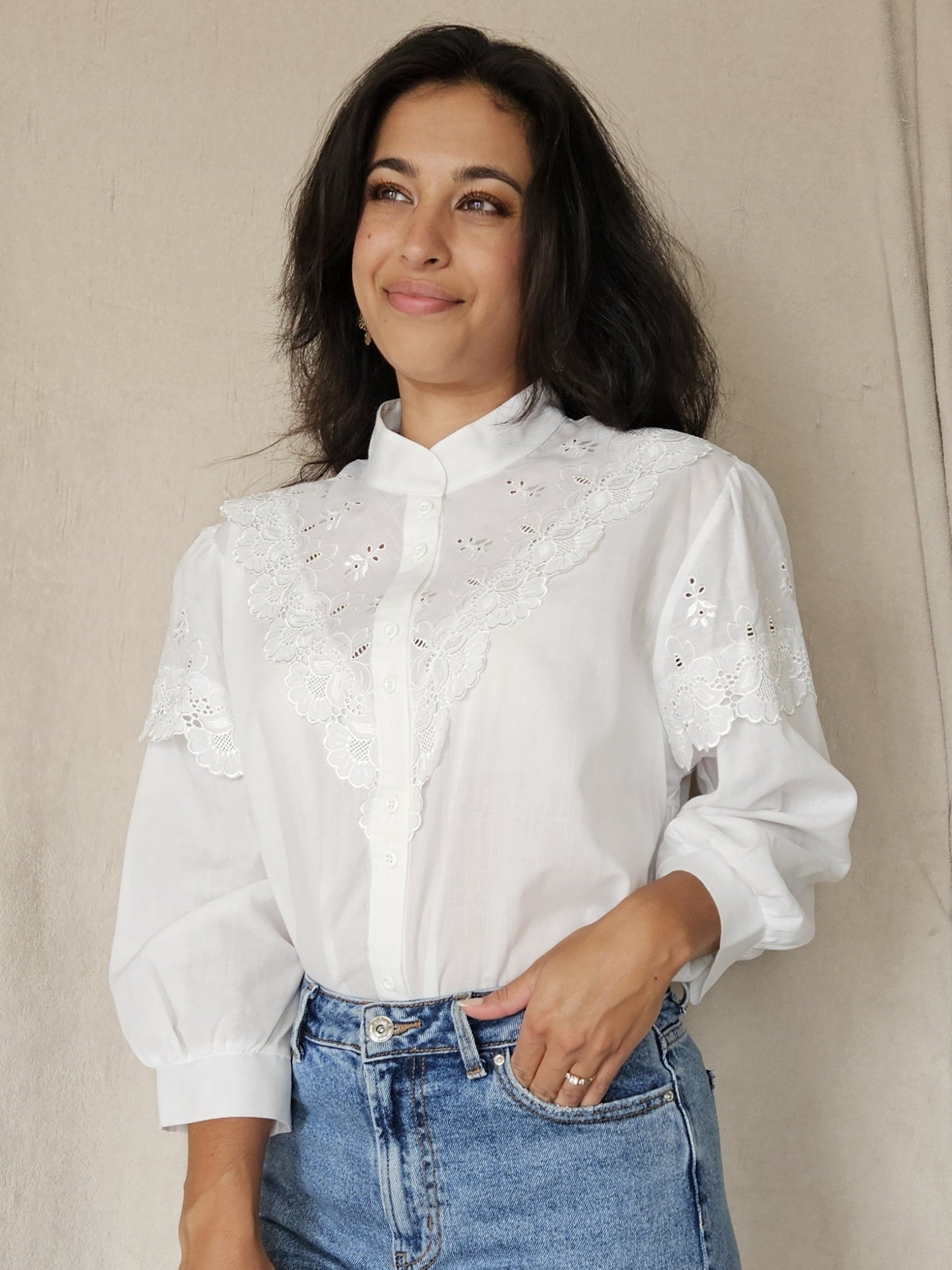 Witte katoenen western-style vintage blouse met kant | XL