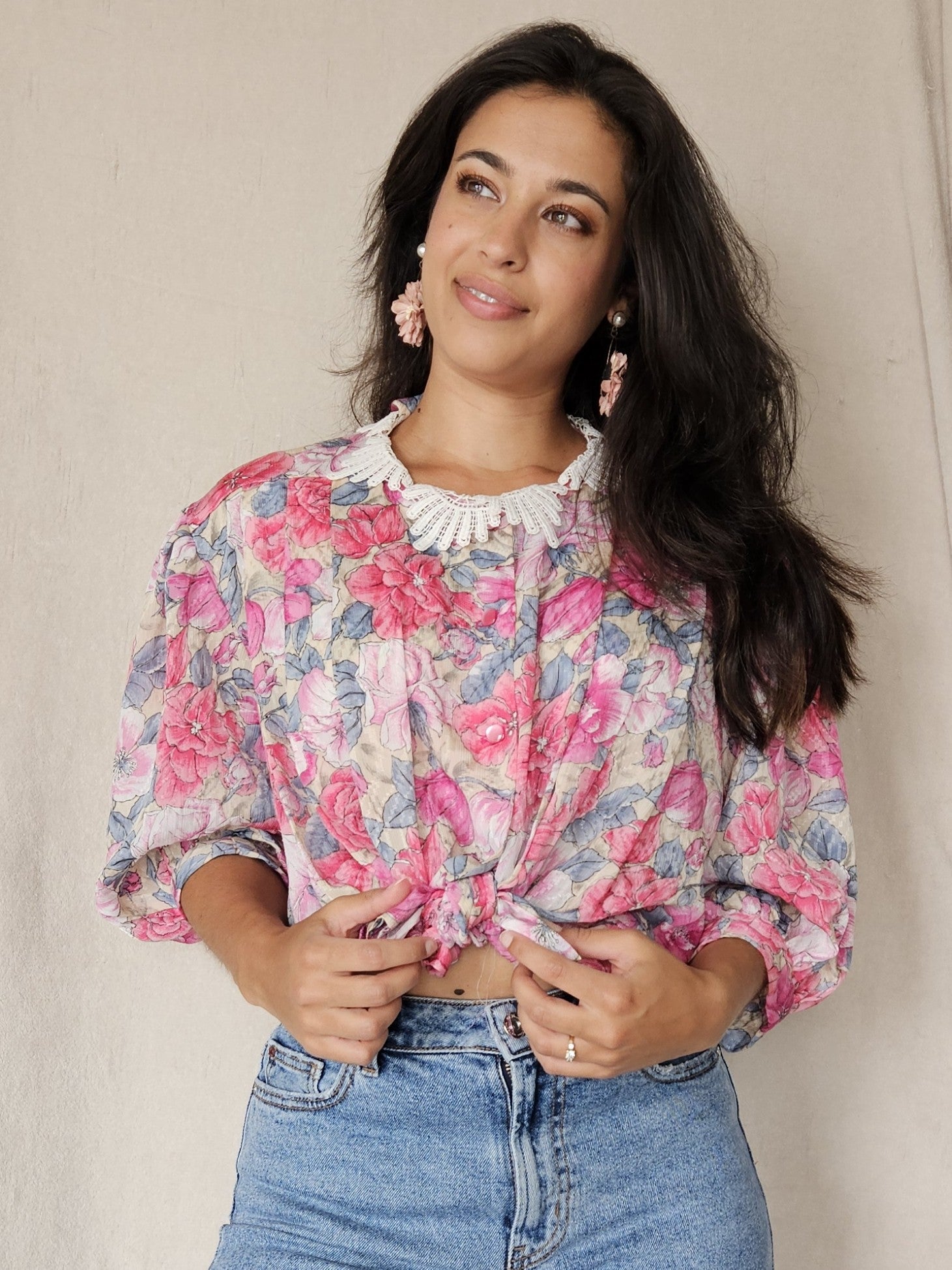 Vintage blouse met bloemen en wit kraagje | XL