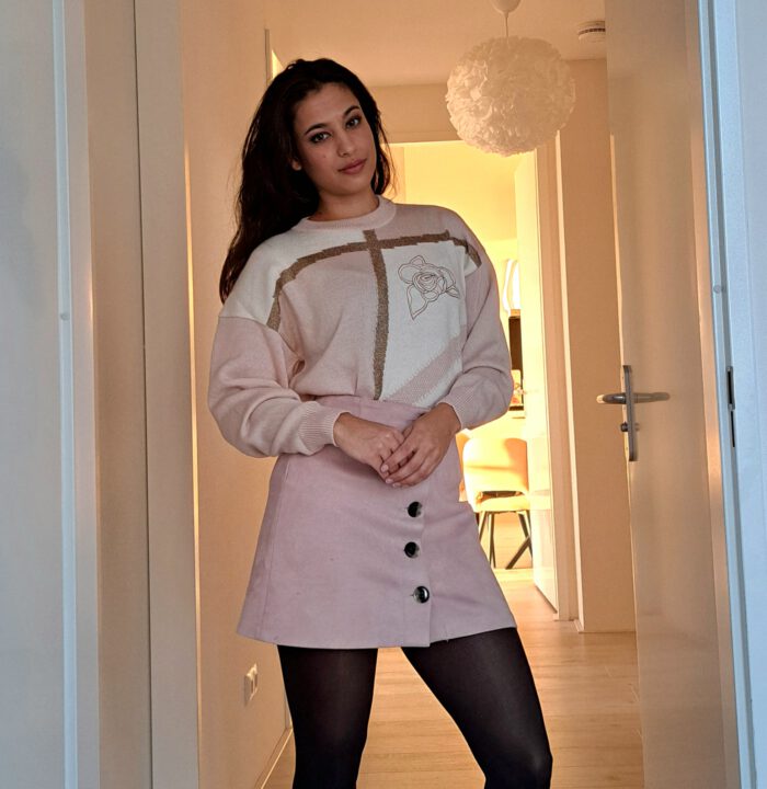 Oudroze fijngebreide vintage trui met angora  | L