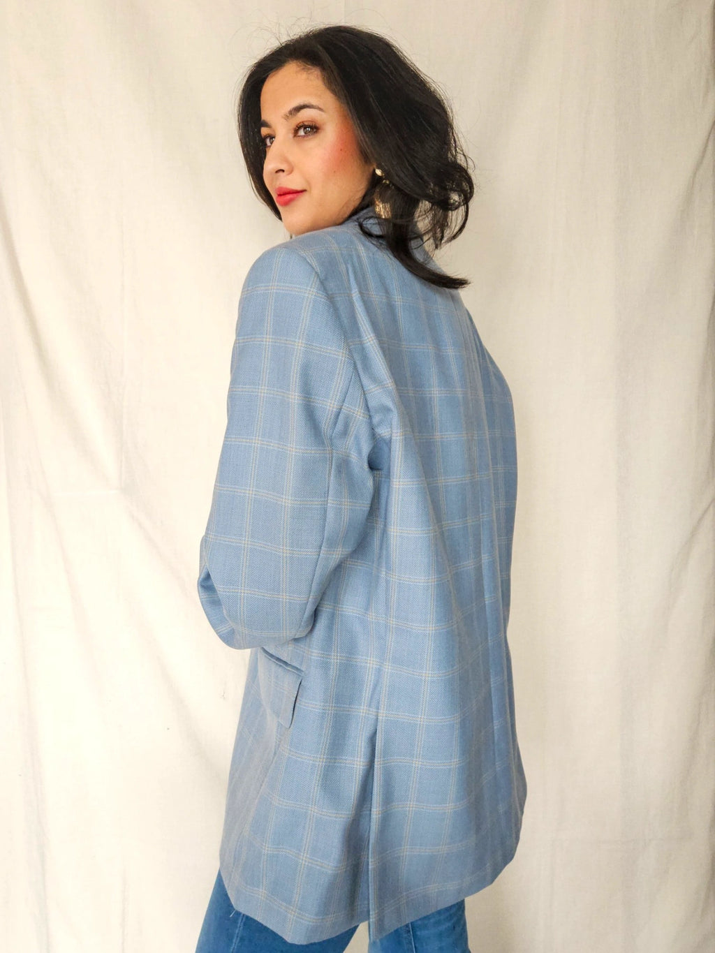 Rae - lichtblauwe geruite blazer, wool blend | 3XL