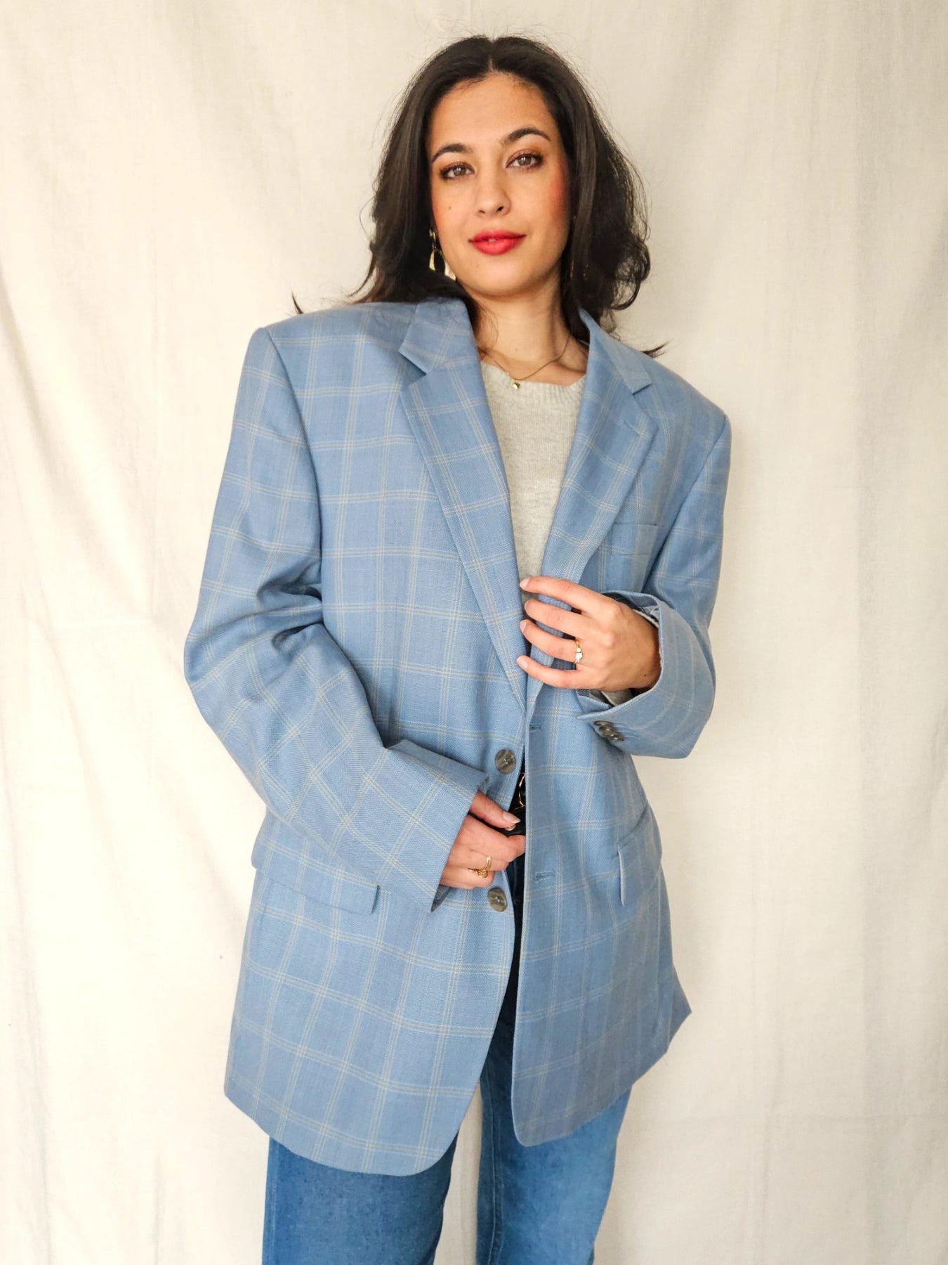 Rae - lichtblauwe geruite blazer, wool blend | 3XL