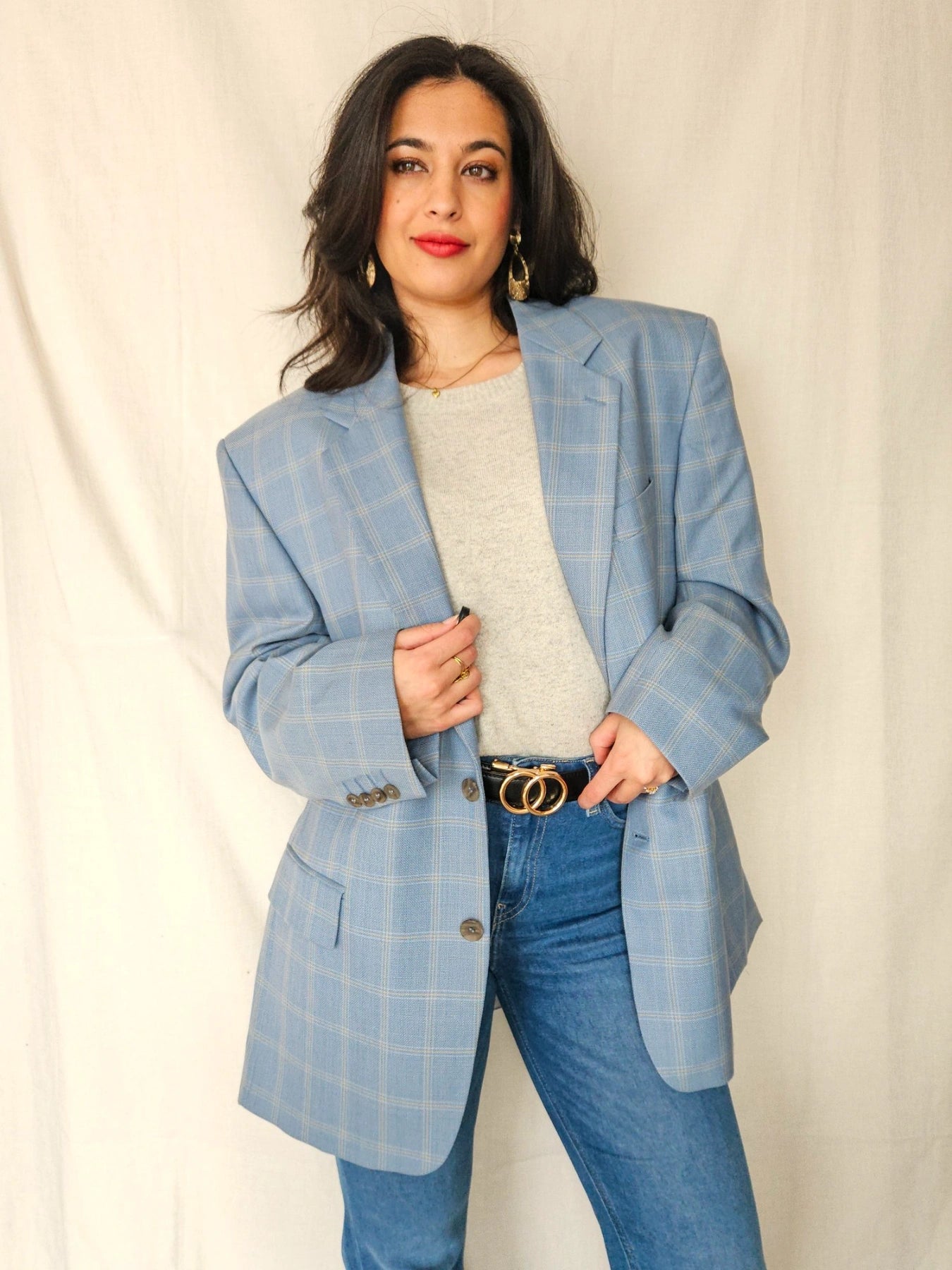 Rae - lichtblauwe geruite blazer, wool blend | 3XL