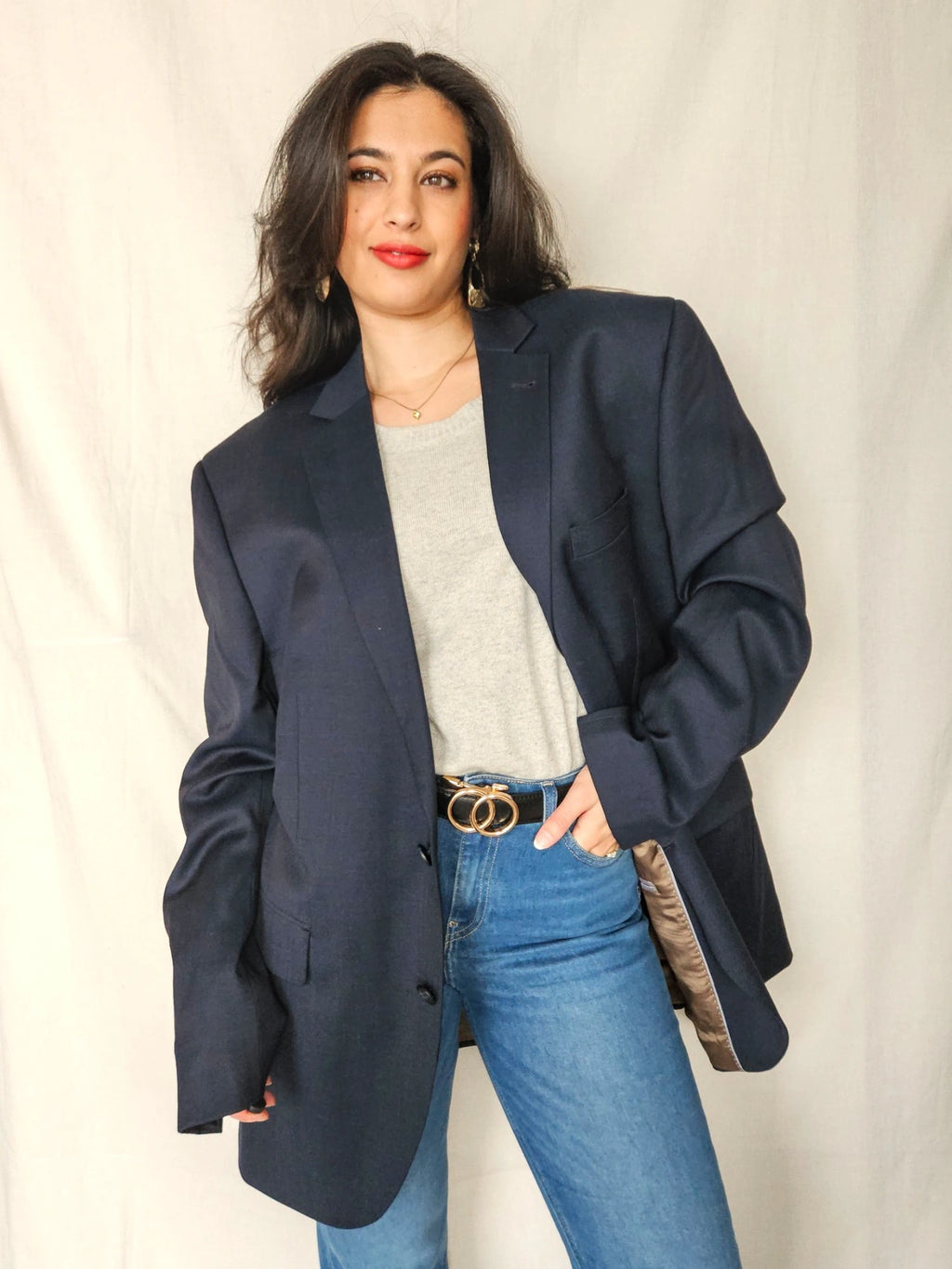 Maris - donkerblauwe blazer, scheerwol | 4XL