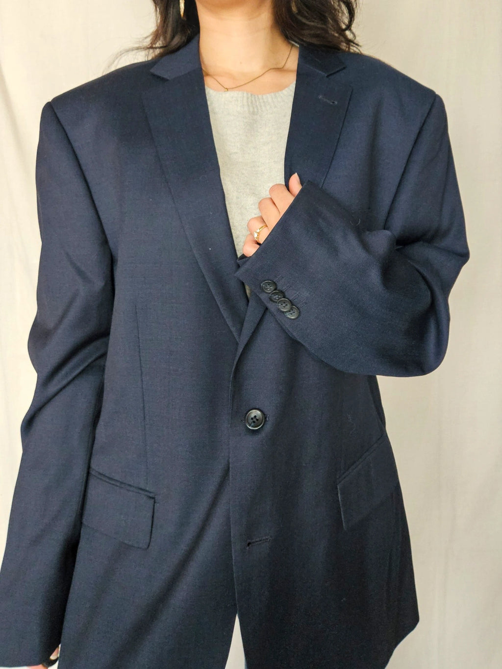 Maris - donkerblauwe blazer, scheerwol | 4XL