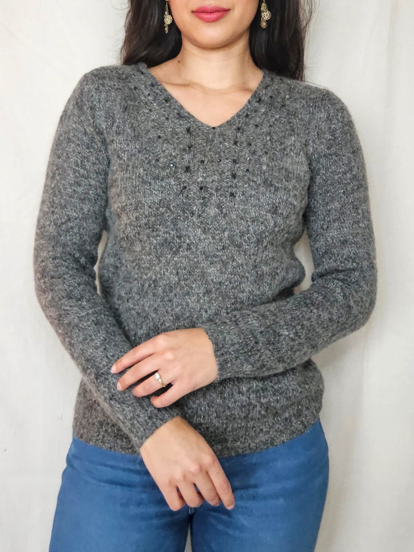 Esmé - V-hals vintage trui, wol & mohair | S