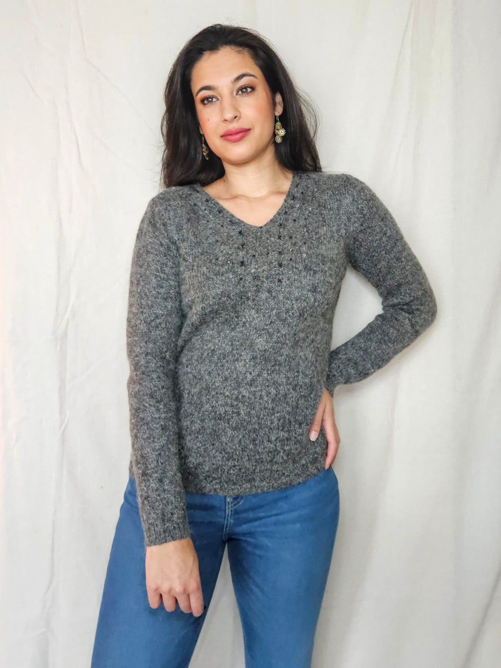 Esmé - V-hals vintage trui, wol & mohair | S