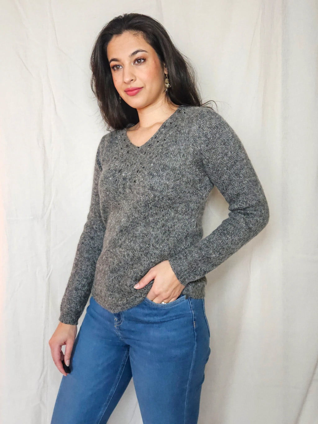 Esmé - V-hals vintage trui, wol & mohair | S