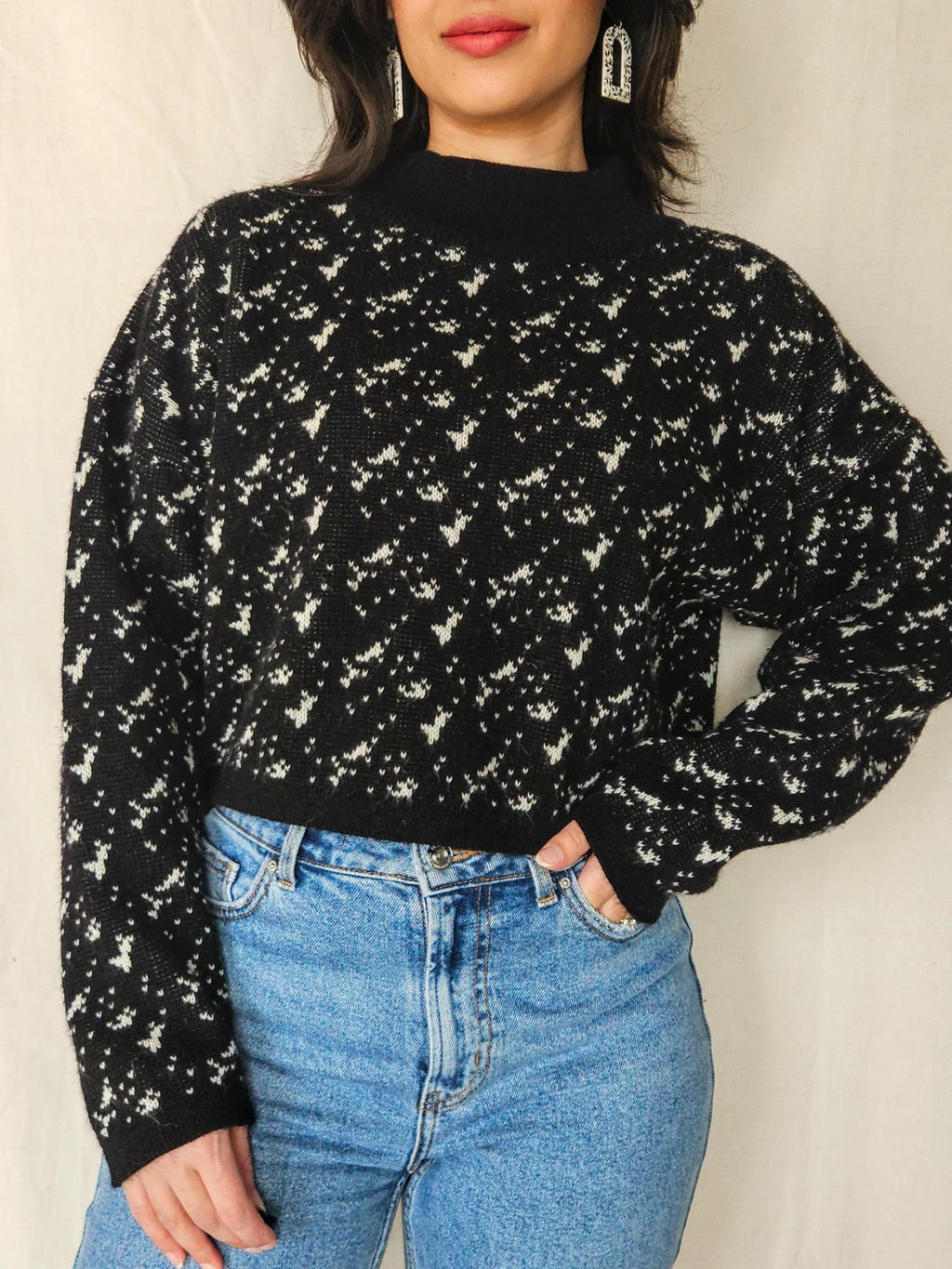 Elske - cropped zwarte vintage trui met col | M