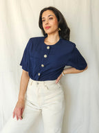 Chloé - donkerblauwe vintage blouse met korte mouw | XL