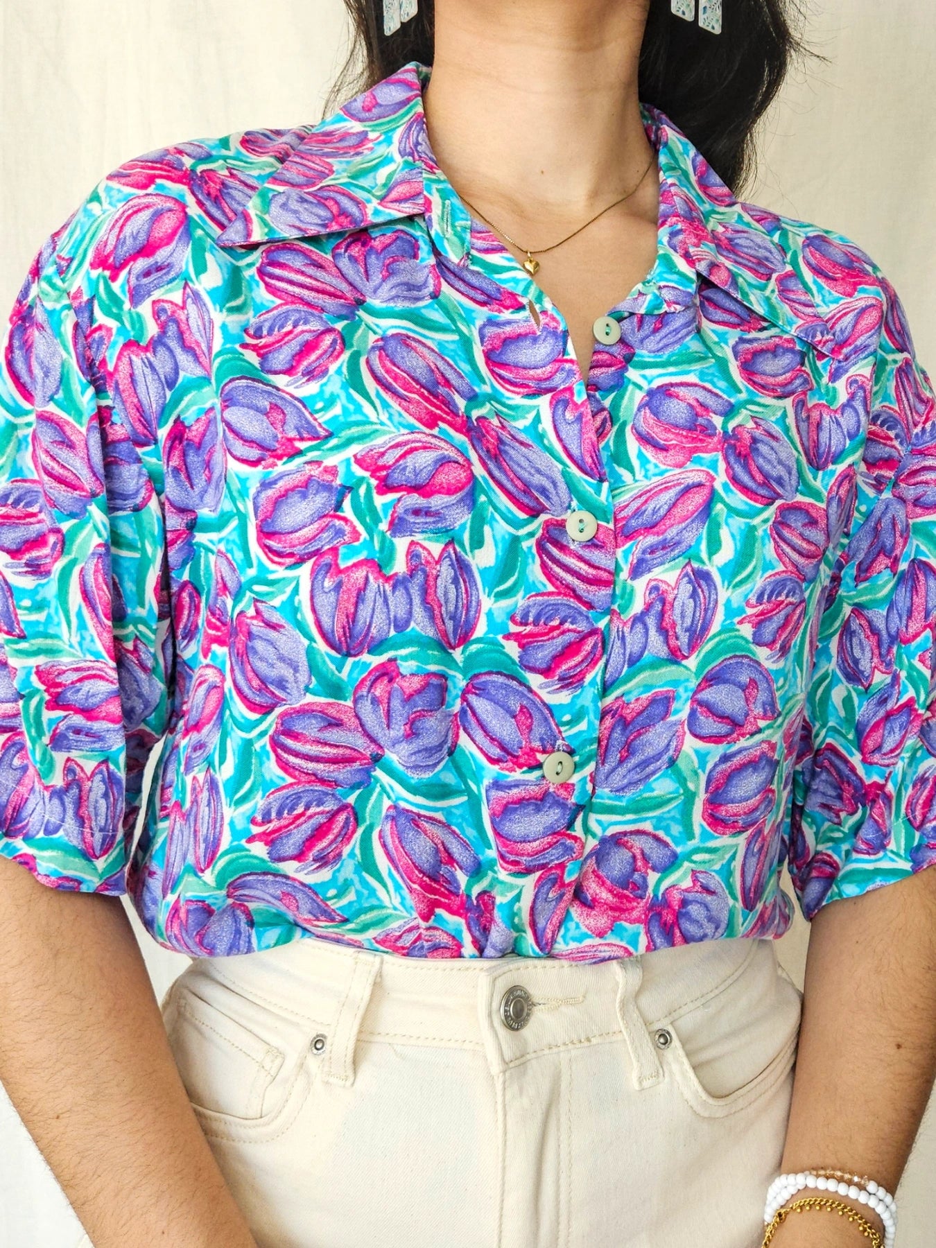 Daphne - vintage short-sleeved blouse, viscose | XXL