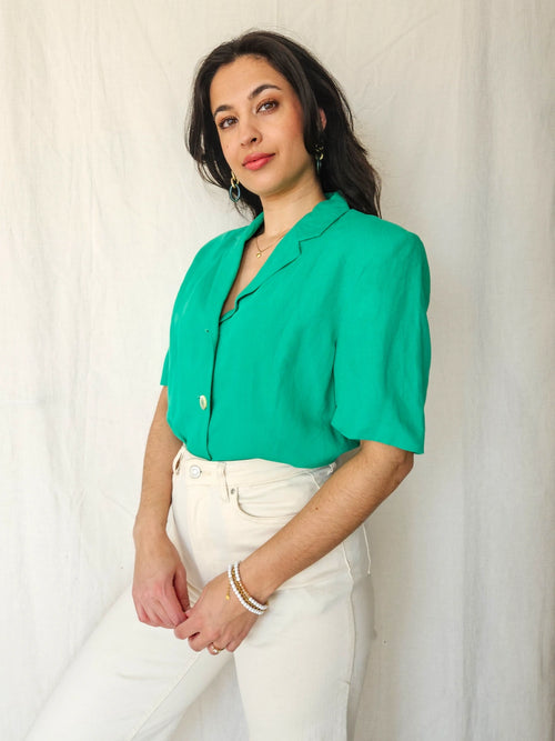 Betty - dark green vintage top, linen | L