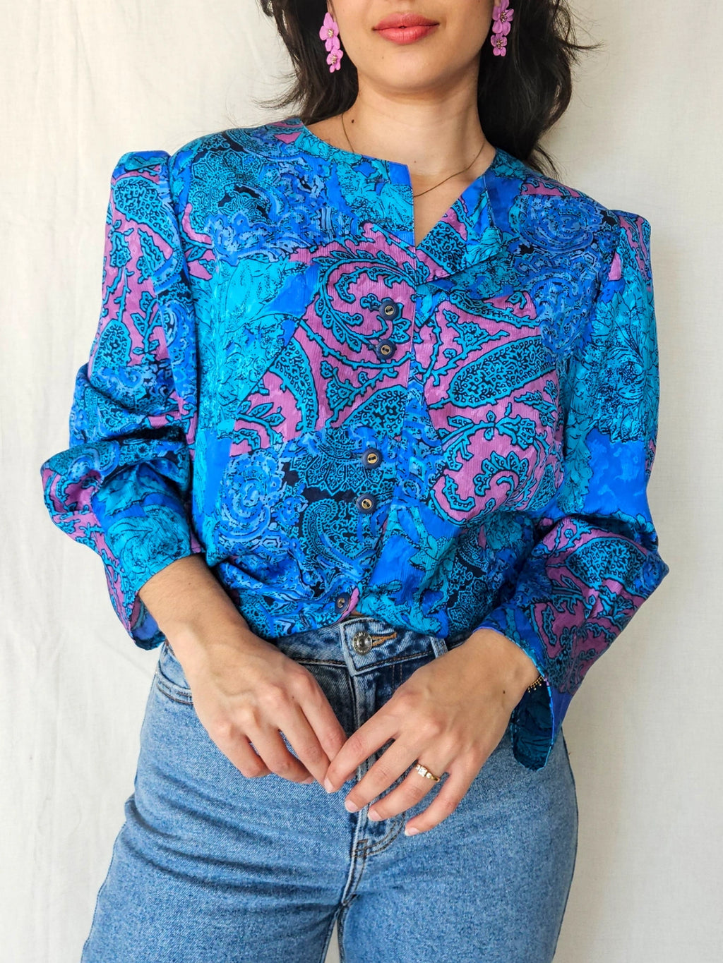 Hanne - blue vintage blouse with retro print | 3XL