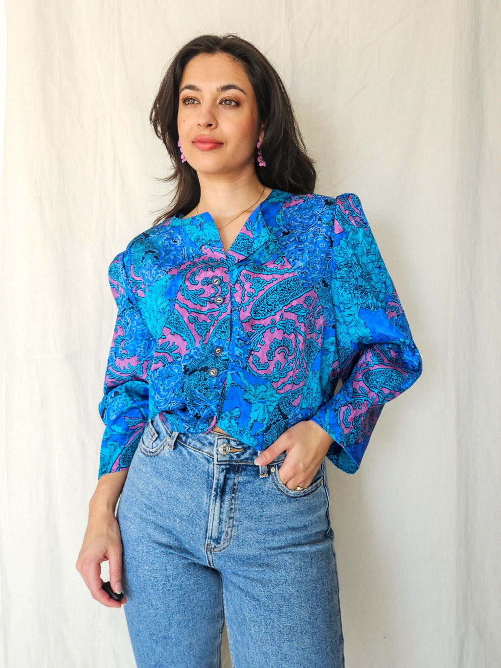 Hanne - blue vintage blouse with retro print | 3XL