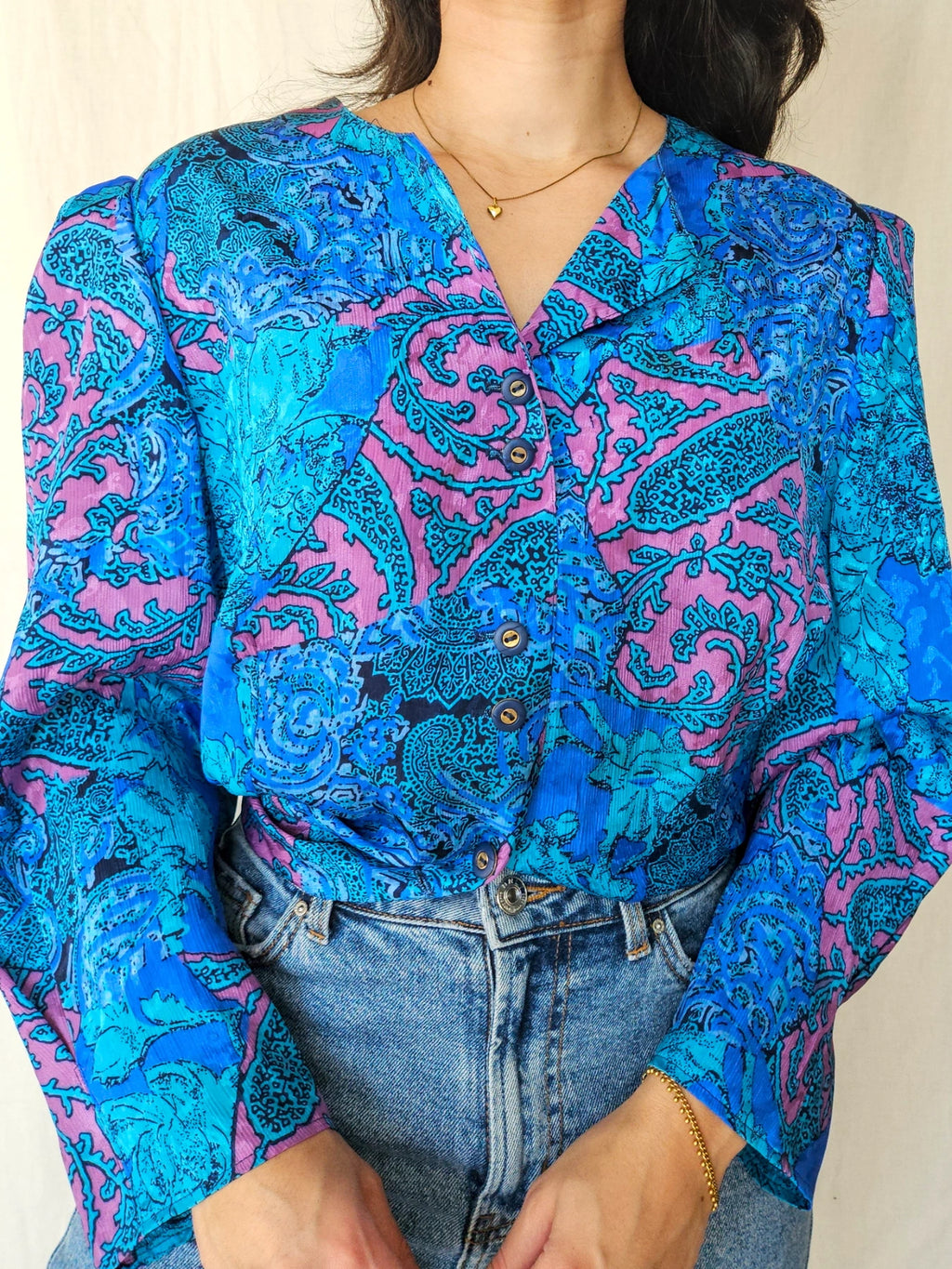 Hanne - blue vintage blouse with retro print | 3XL