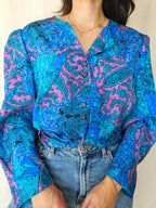 Hanne - blue vintage blouse with retro print | 3XL