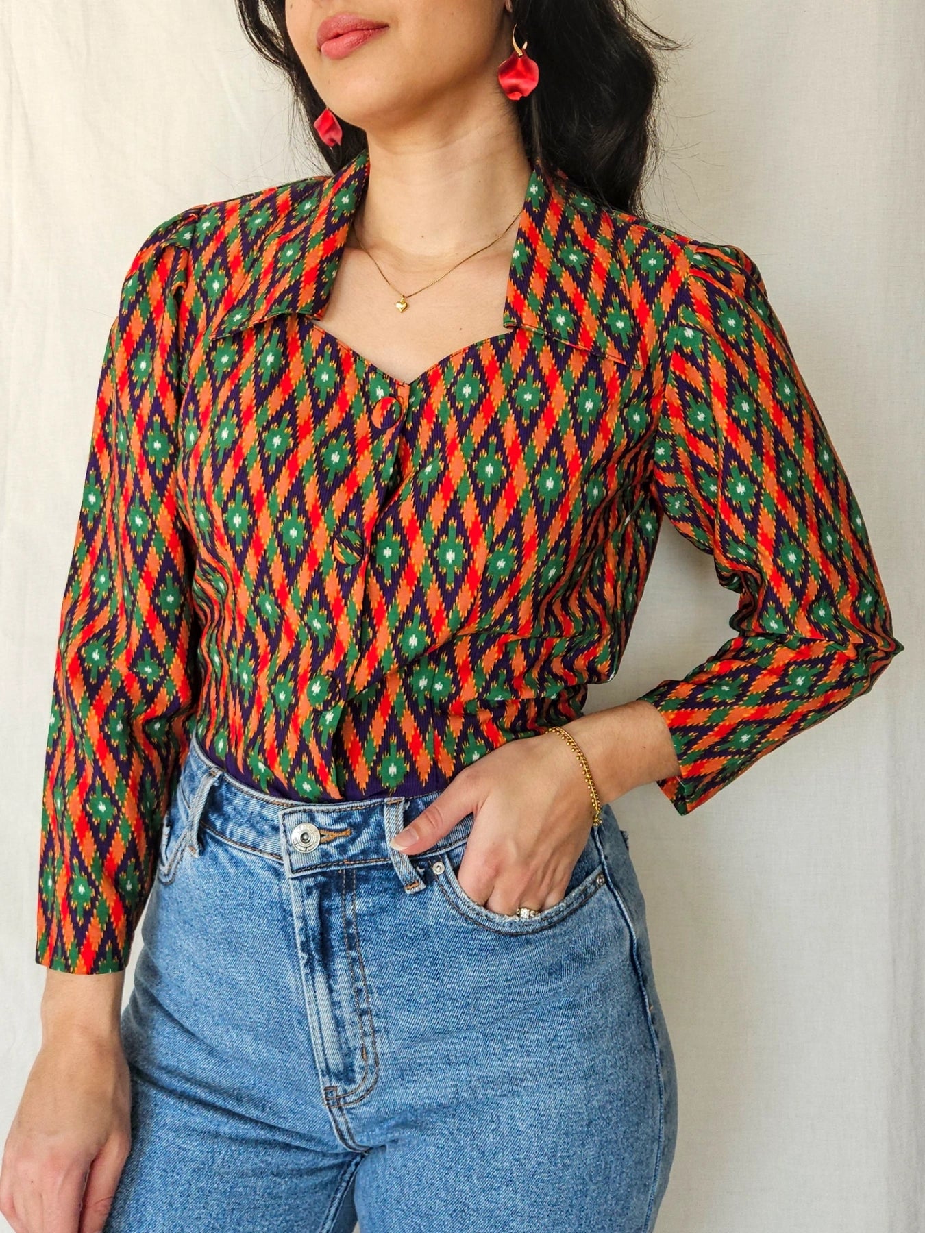 Lyra - vintage blouse with colored print | XS/S