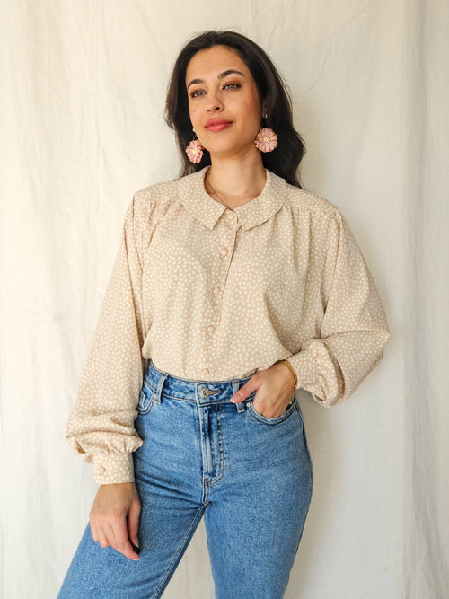 Ada - beige vintage blouse ronde kraag | XL