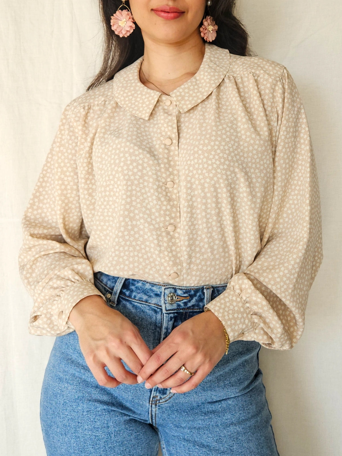 Ada - beige vintage blouse ronde kraag | XL