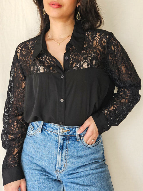 Avi - black vintage lace blouse | XL