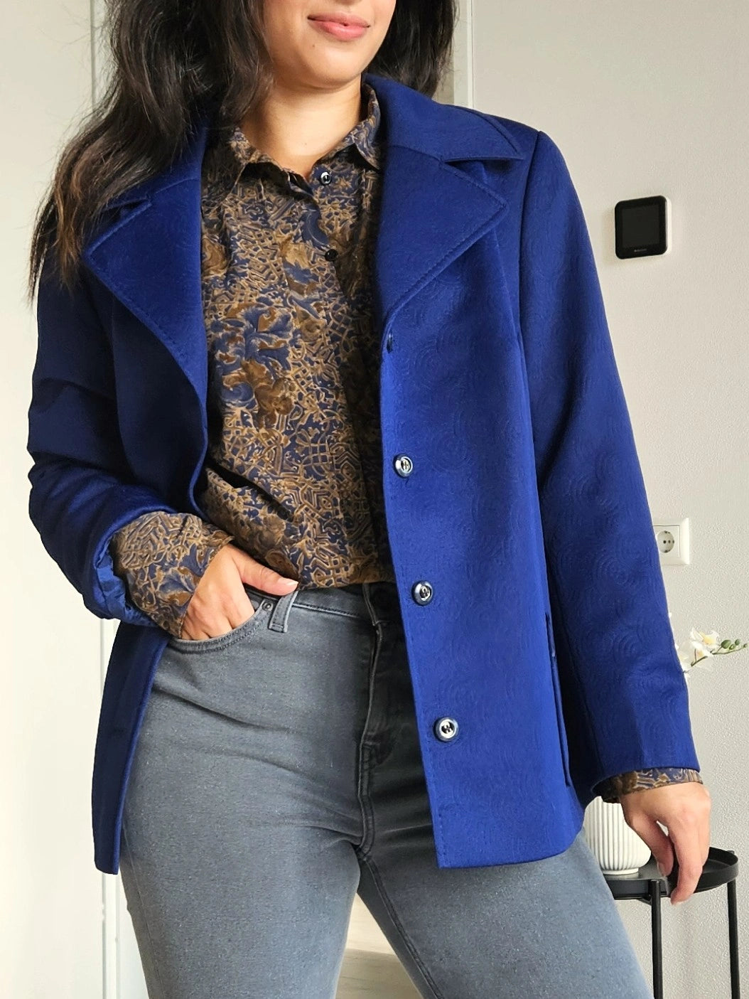 Donkerblauwe vintage blazer met structuur | M