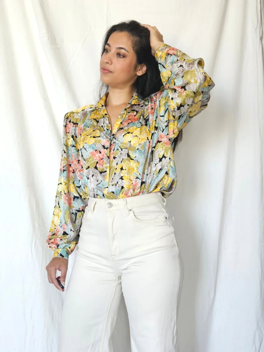 80s vintage blouse met bloemen | XL