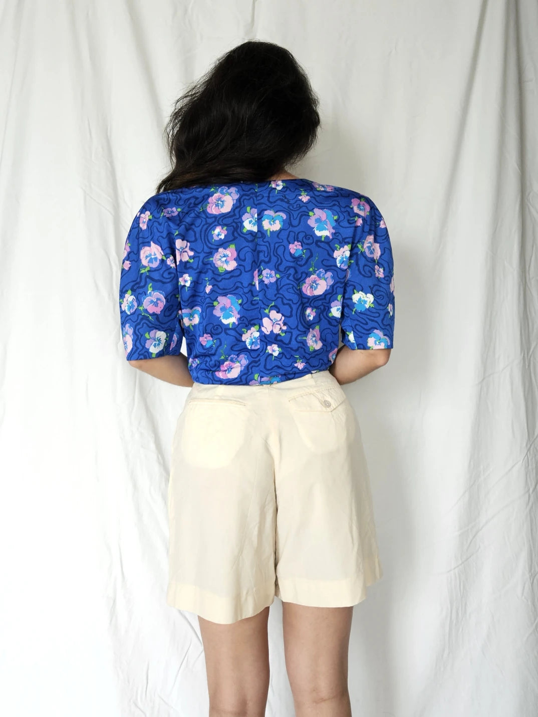 Blauwe vintage blouse met ronde hals | XL