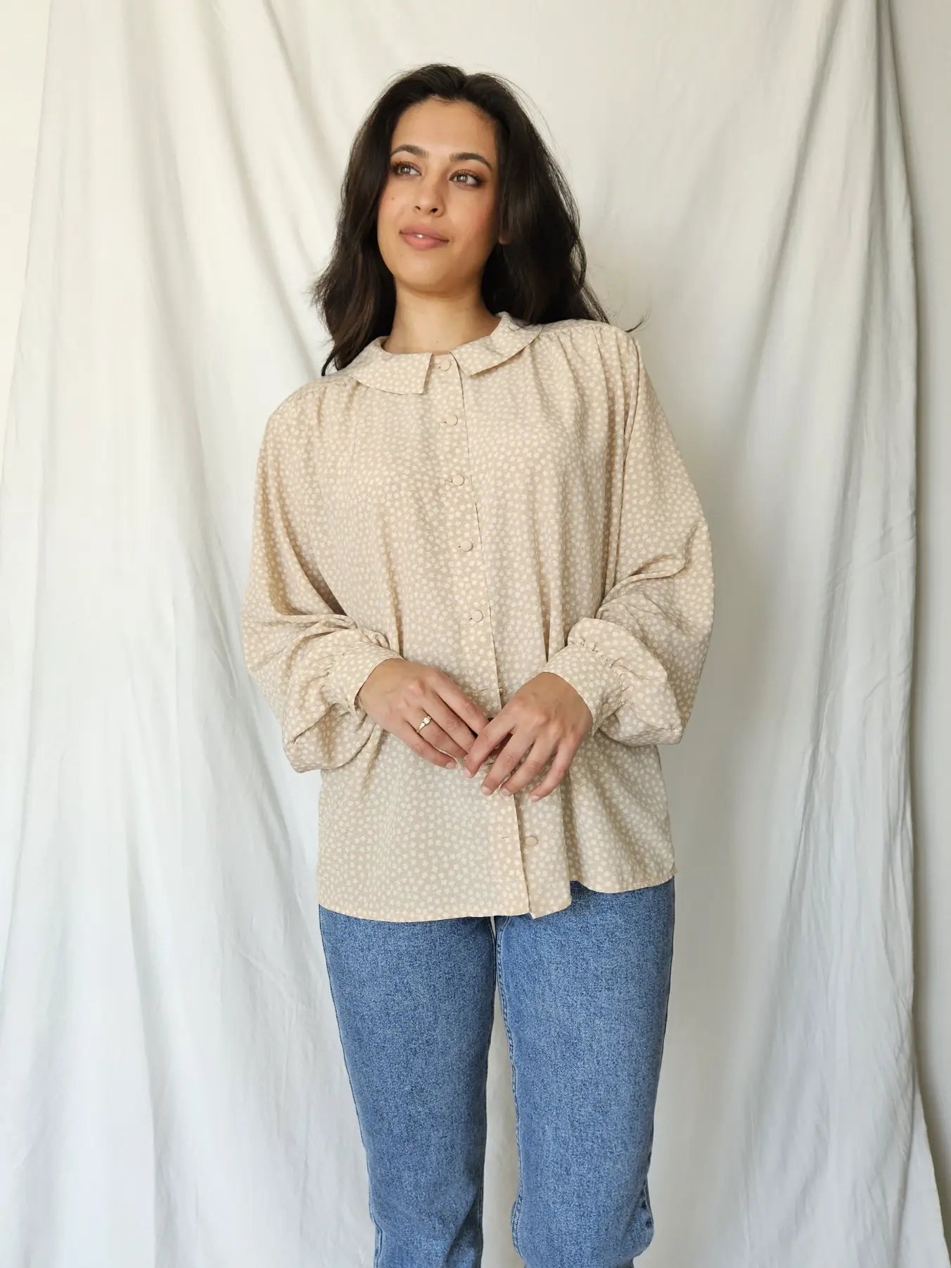 Beige vintage blouse met kraagje | XL