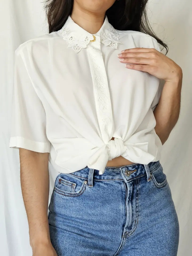 Witte vintage blouse met kant kraag | XL