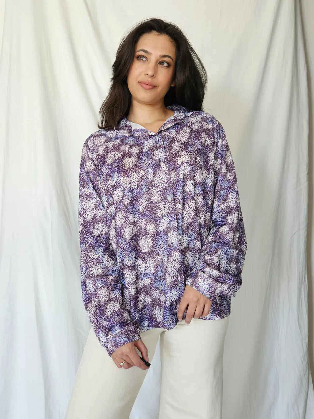 Vintage blouse met paarse print | XL