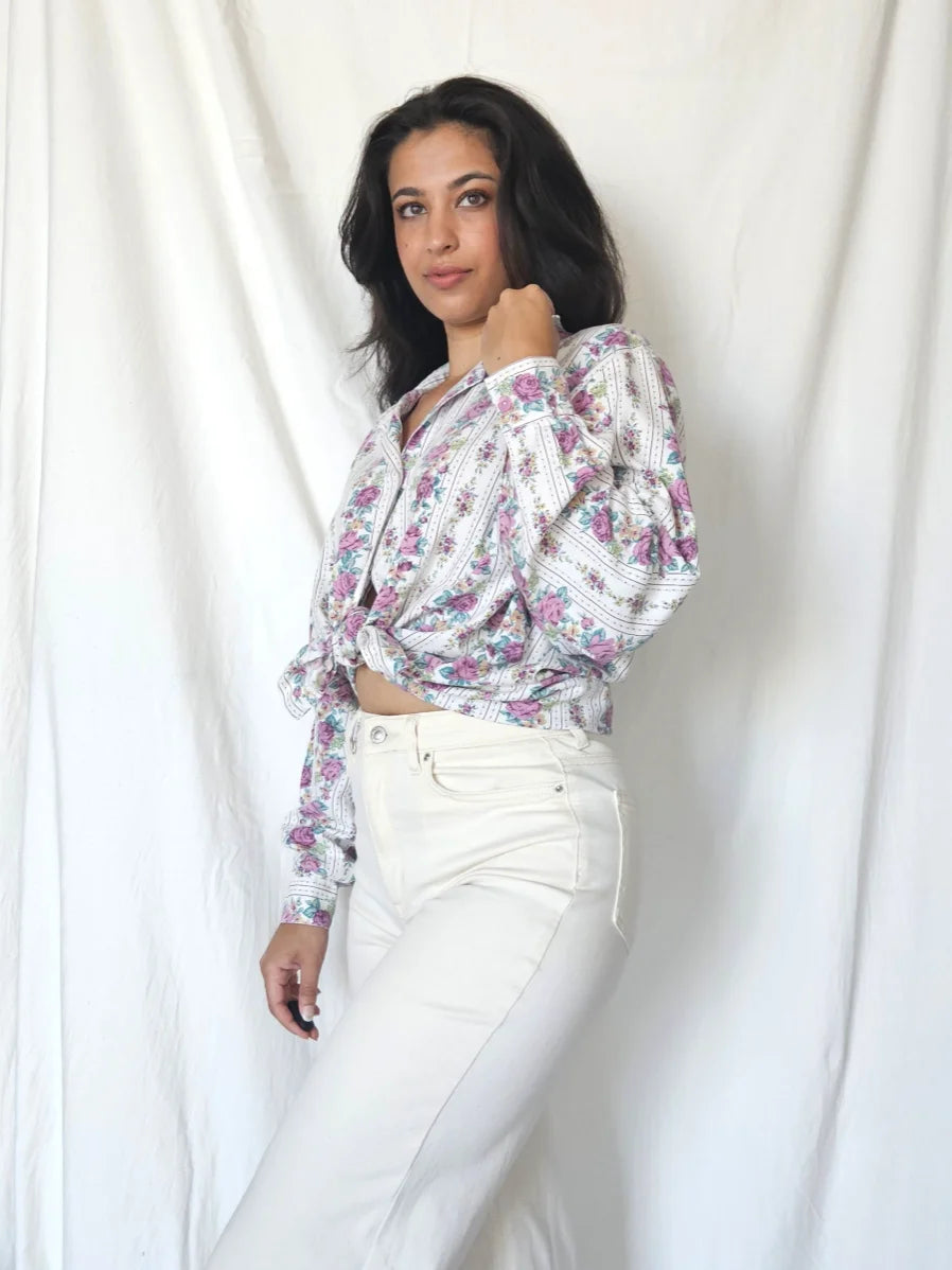 Handwerk katoenen vintage blouse met rozen | XXL