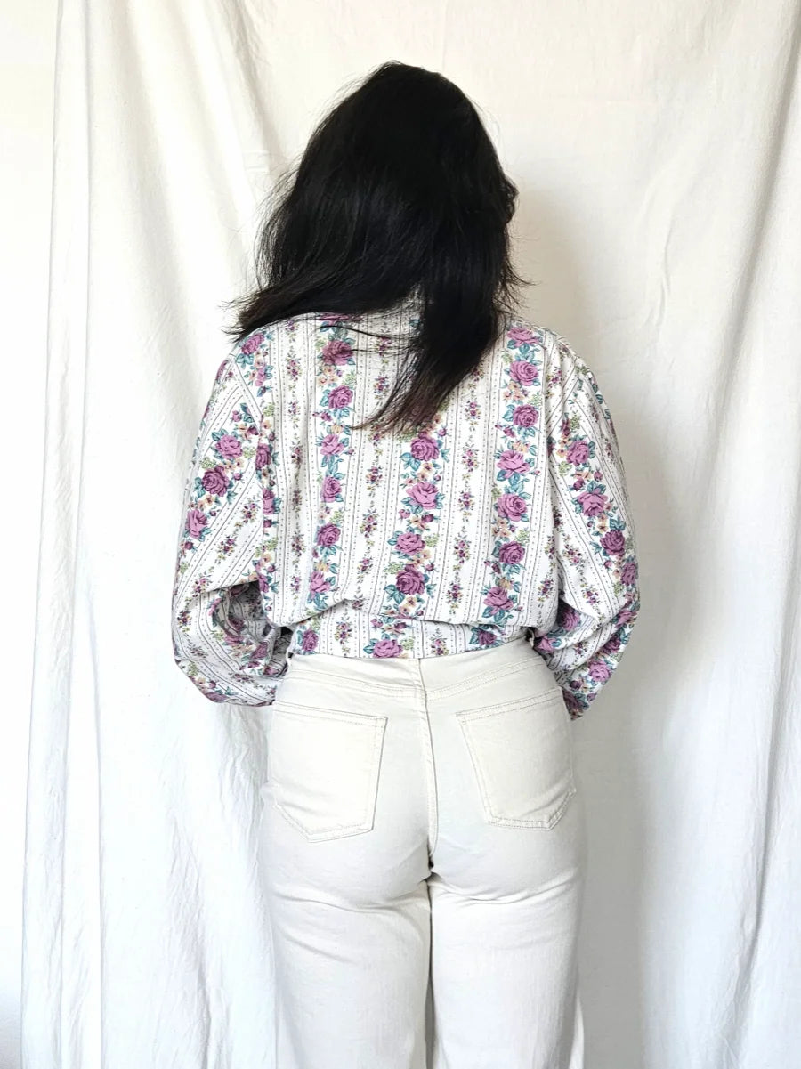 Handwerk katoenen vintage blouse met rozen | XXL