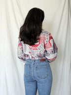 Vintage blouse met grijze en rode print | L