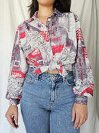 Vintage blouse met grijze en rode print | L