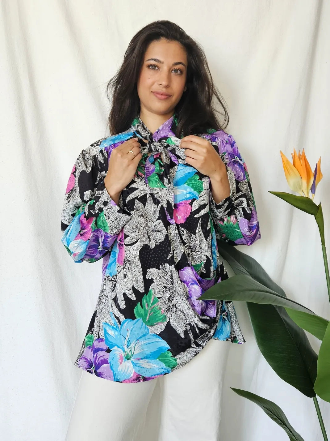 Vintage waterval blouse met pussy bow  | L