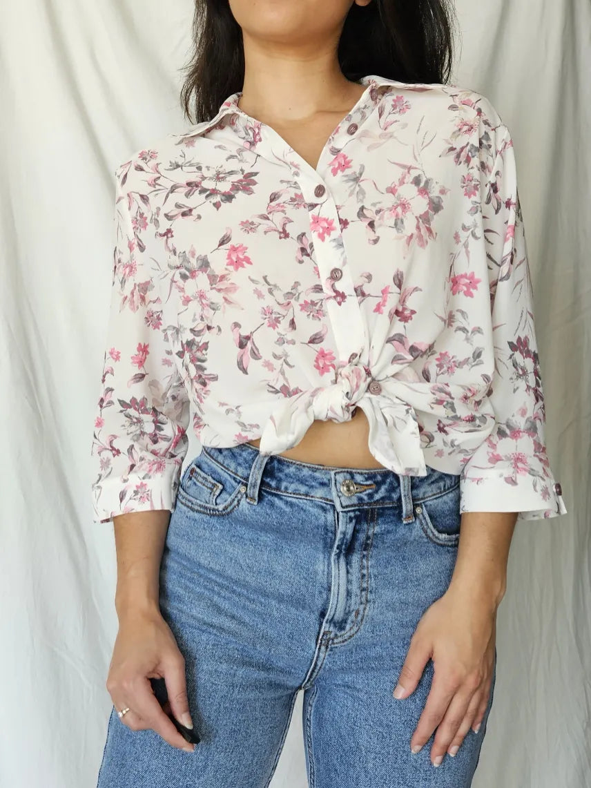 Witte vintage blouse met bloemen | XL