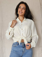 Pastelgele vintage blouse met kant en gouden knopen | XL