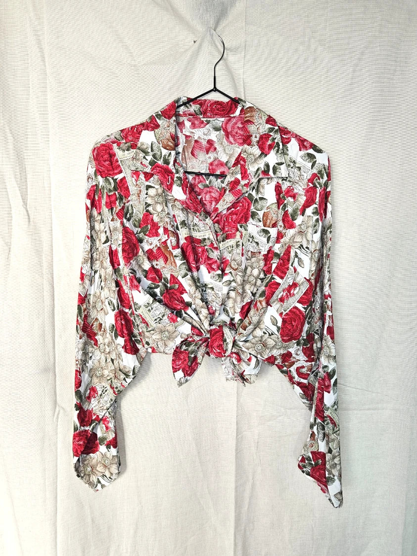 Vintage blouse met rode rozen | L
