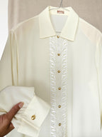 Pastelgele vintage blouse met kant en gouden knopen | XL