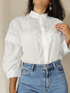 Witte katoenen western-style vintage blouse met kant | XL