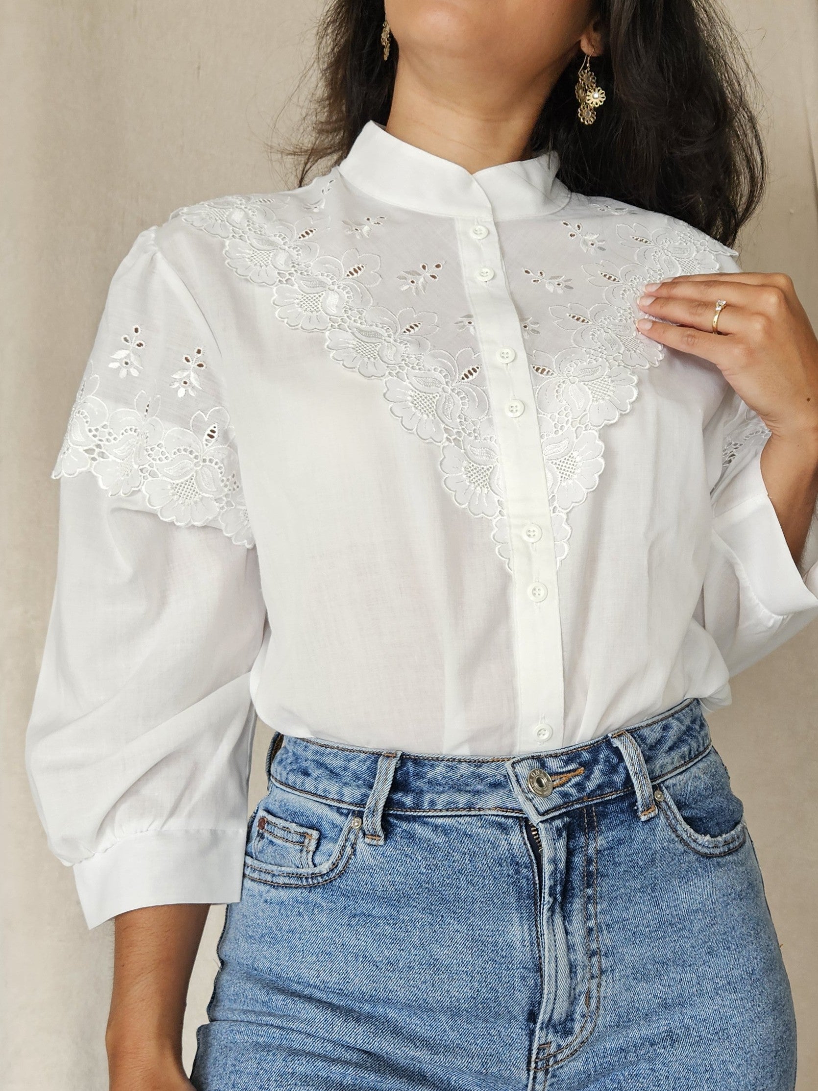 Witte katoenen western-style vintage blouse met kant | XL