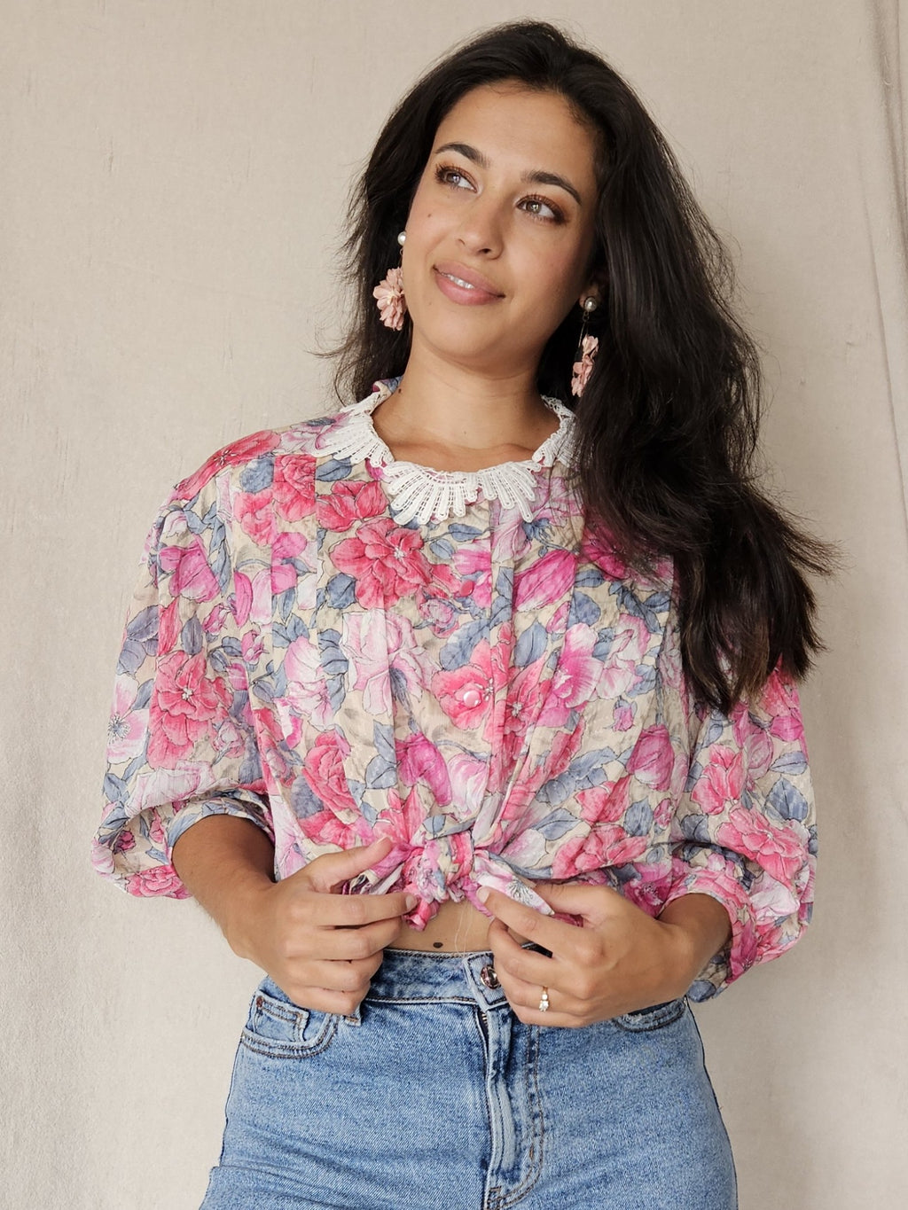 Vintage blouse met bloemen en wit kraagje | XL