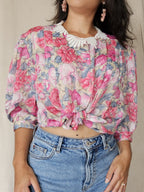 Vintage blouse met bloemen en wit kraagje | XL