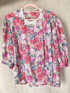 Vintage blouse met bloemen en wit kraagje | XL