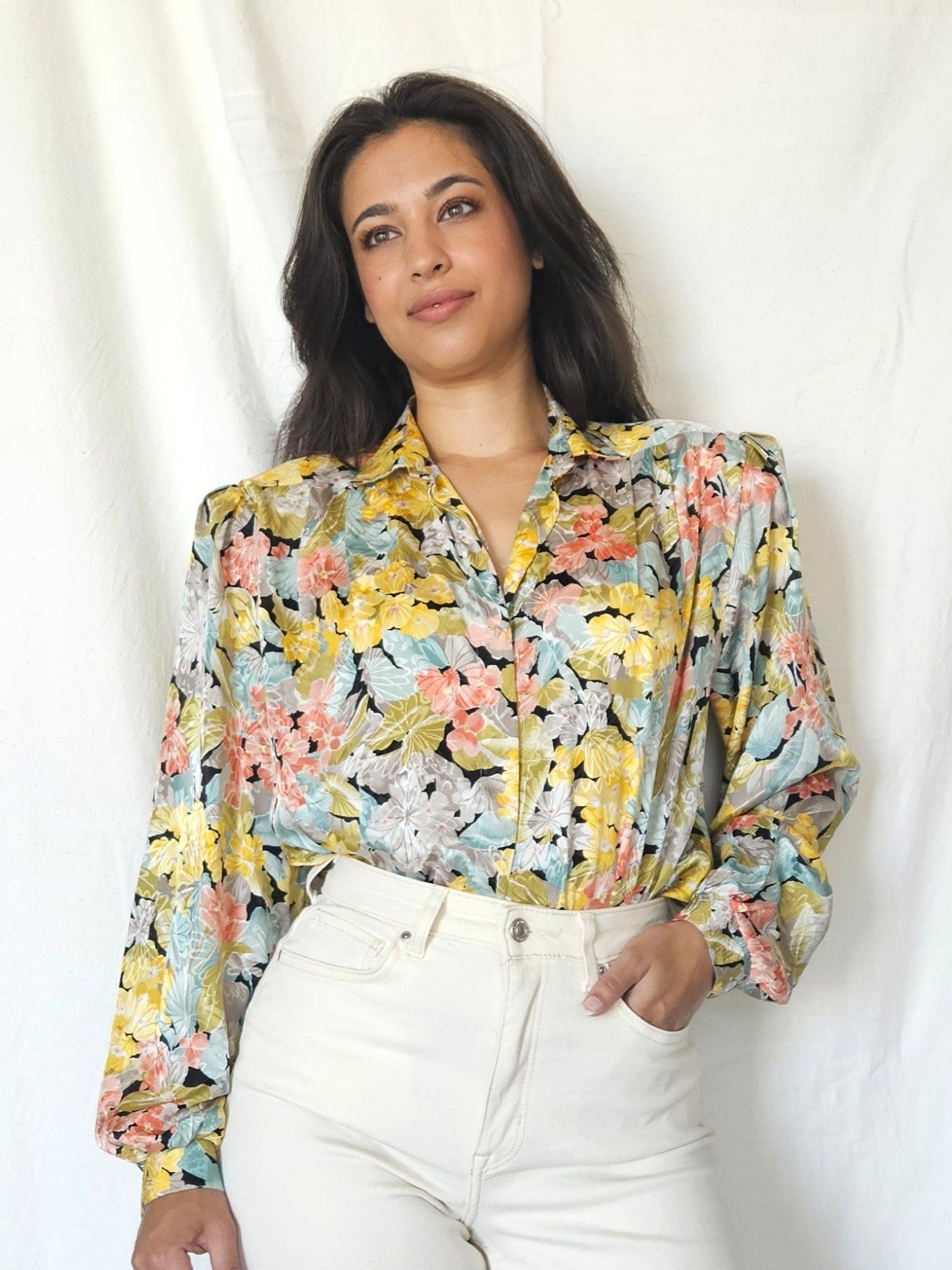 80s vintage blouse met bloemen | XL