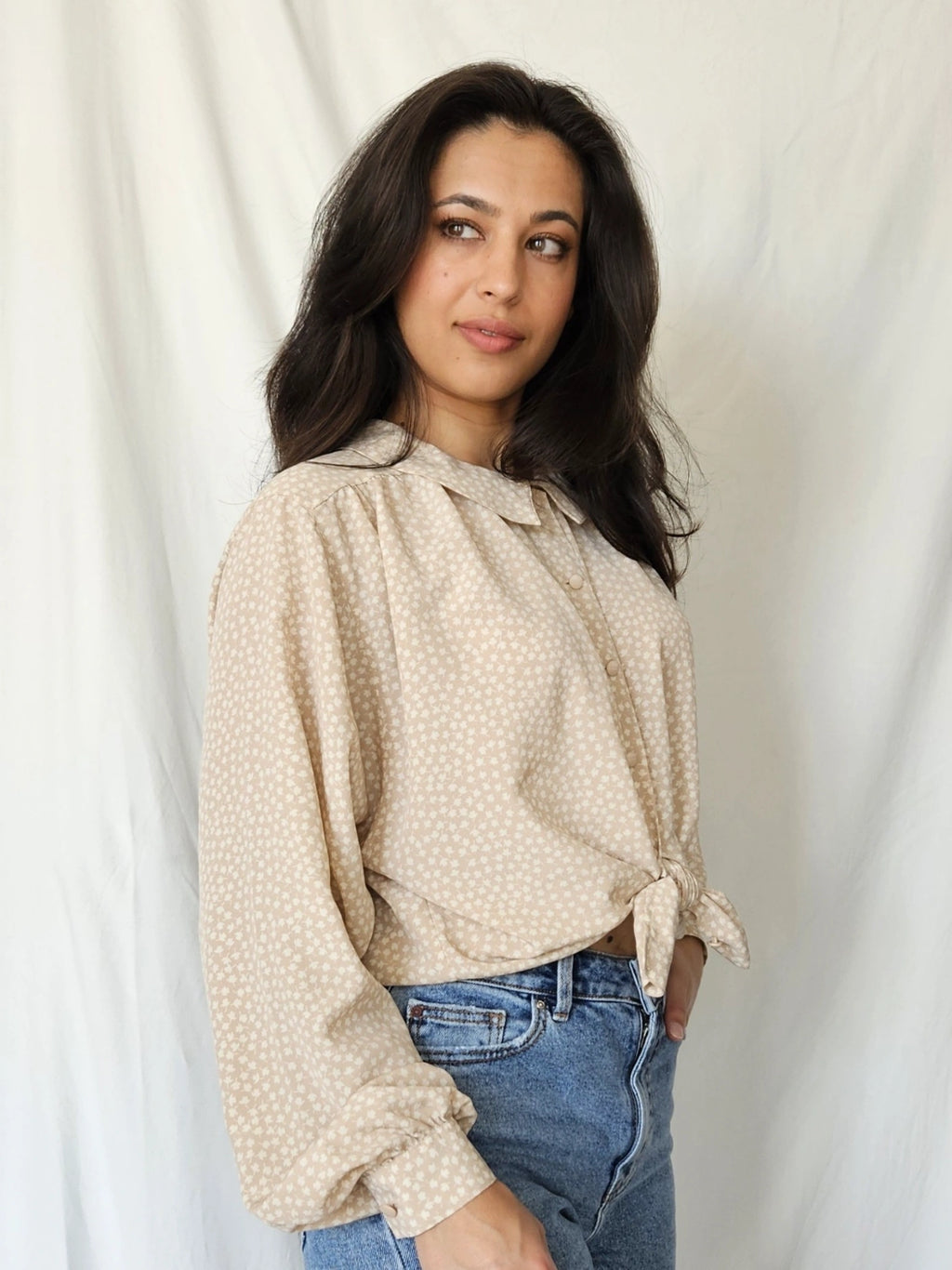 Beige vintage blouse met kraagje | XL