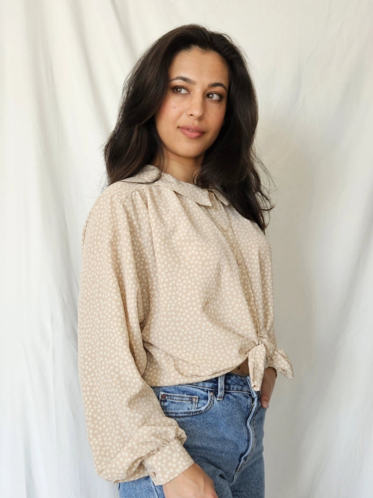 Beige vintage blouse met kraagje | XL