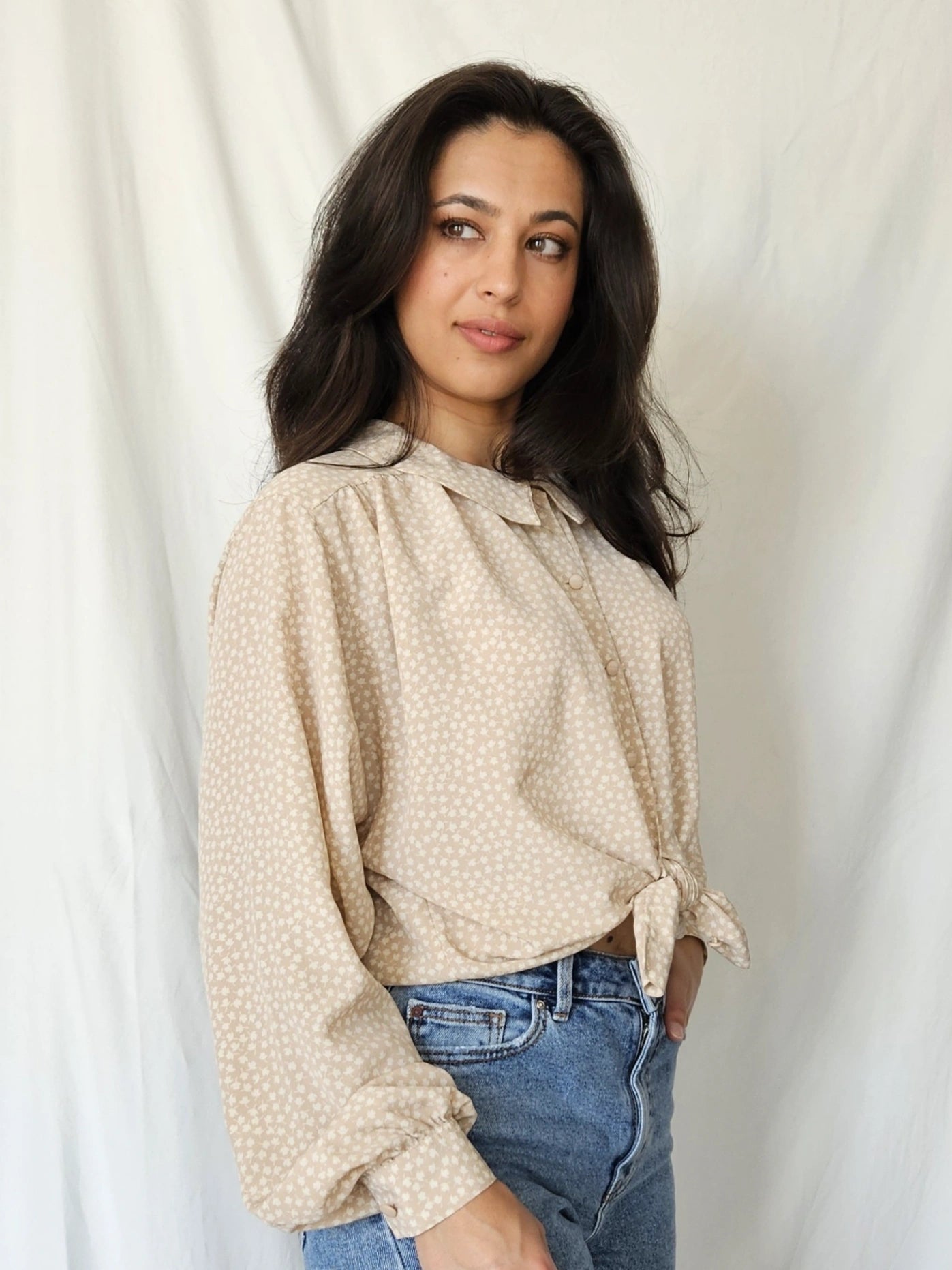 Beige vintage blouse met kraagje | XL