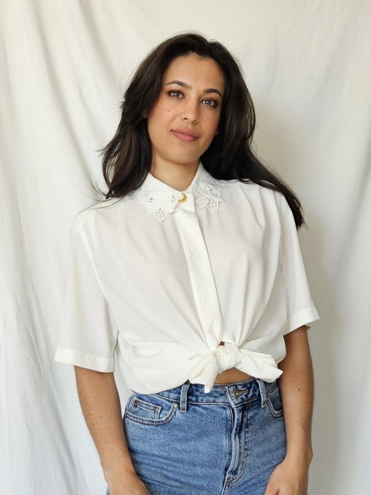 Witte vintage blouse met kant kraag | XL