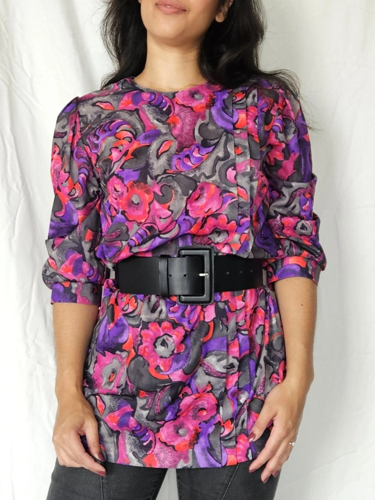 Lange vintage blouse met kleurrijke print | S