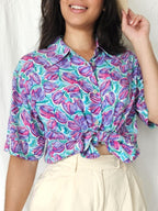 Viscose vintage blouse met paarse bloemen | XXL